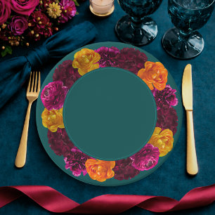 Stijlvolle gele hete roze groene bloemen bruiloft papieren bordje