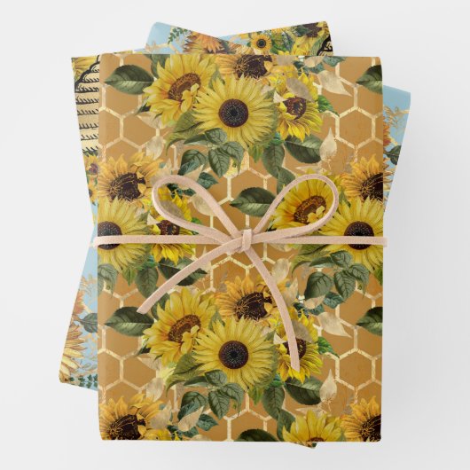 Stijlvolle Gele Zonnebloemen Gold Honeycomb Blauwg Inpakpapier Vel (In situ)