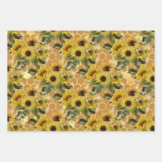 Stijlvolle Gele Zonnebloemen Gold Honeycomb Blauwg Inpakpapier Vel (Voorkant)