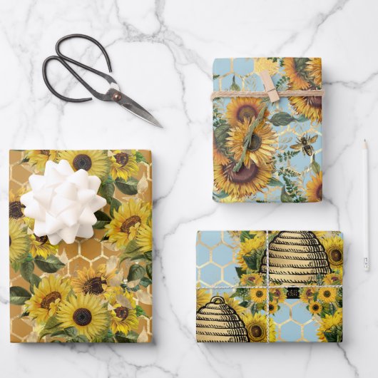 Stijlvolle Gele Zonnebloemen Gold Honeycomb Blauwg Inpakpapier Vel (Voorkant)