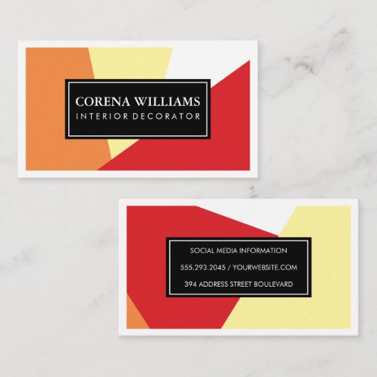 Stijlvolle geometrische warme kleurblokken witte r visitekaartje (Voorkant / Achterkant)
