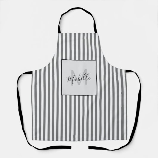 Stijlvolle gestreepte grijze monogram schort (Voorkant)