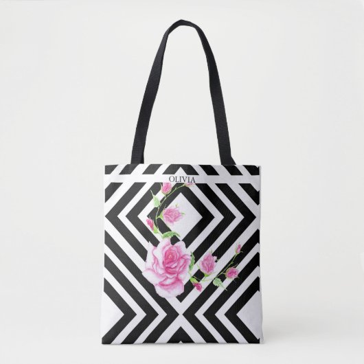Stijlvolle gestreepte | Roze Roos Tote Tas (Voorkant)