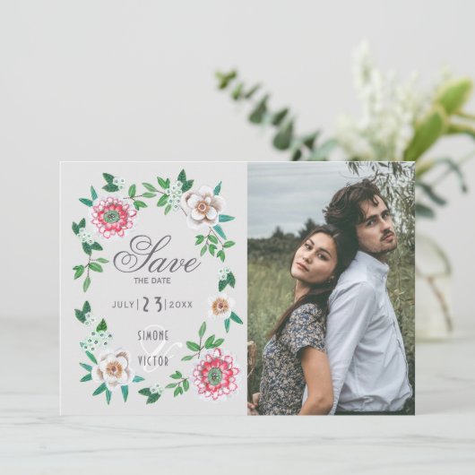 Stijlvolle geverfde bloem bespaart de datum save the date (Staand voorkant)