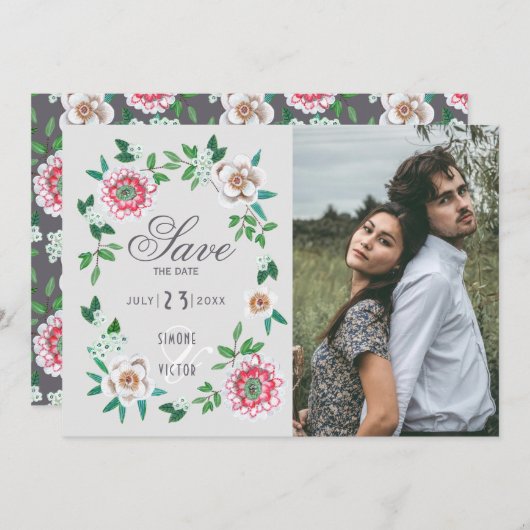 Stijlvolle geverfde bloem bespaart de datum save the date (Voorkant / Achterkant)