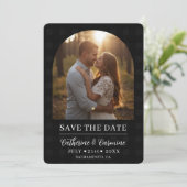 Stijlvolle Gingham Verlovingsfoto Boog Bruiloft Save The Date (Staand voorkant)