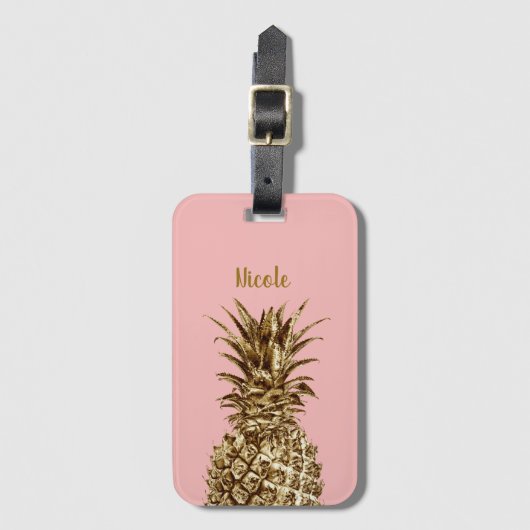 Stijlvolle girale gouden pastelroze anananas bagagelabel (Voorkant (verticaal))