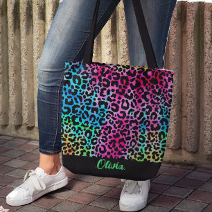 Stijlvolle Girly Kleurrijke Regenboog Neon Monogra Tote Bag