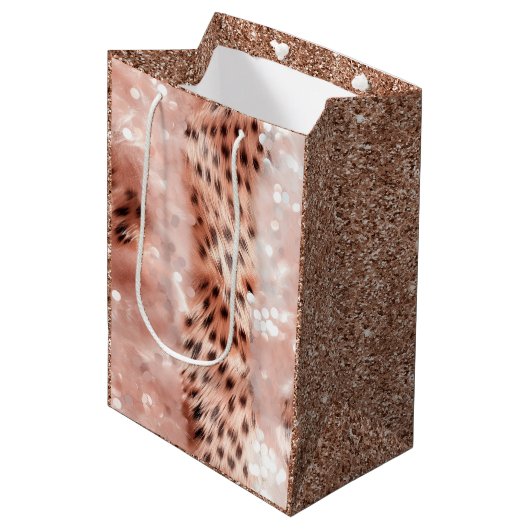 Stijlvolle Girly Pink Rose Gold Leopard Glitz Medium Cadeauzakje (Voorkant Gekanteld)