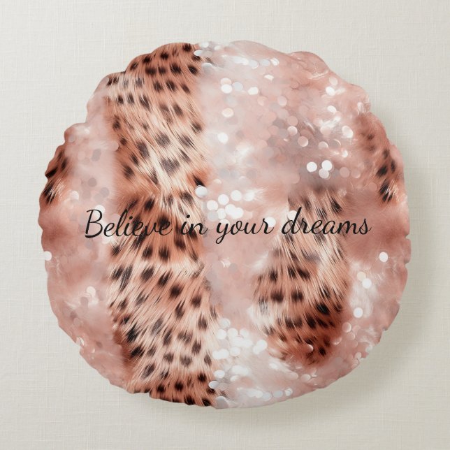Stijlvolle Girly Pink Rose Gold Leopard Glitz Rond Kussen (Voorkant)