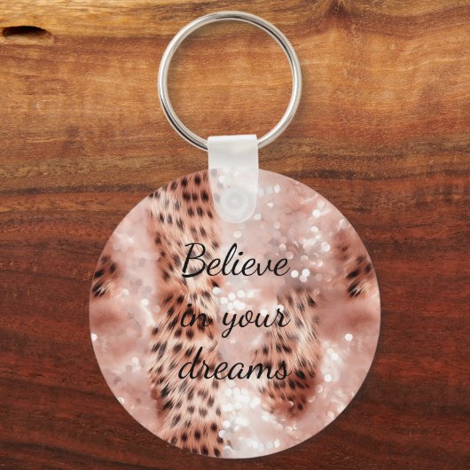 Stijlvolle Girly Pink Rose Gold Leopard Glitz Sleutelhanger (Voorkant)