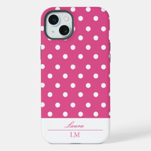 Stijlvolle Girly Roze en Witte Polka Dots Tough iPhone 15 Plus Case