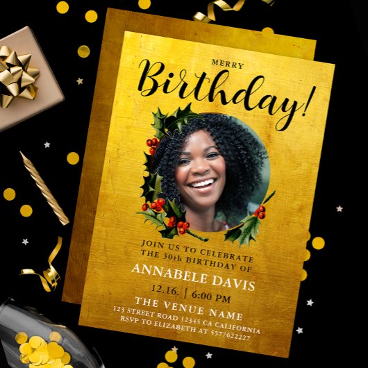 Stijlvolle Glam Gouden Kerstkrans Verjaardagsfoto Kaart