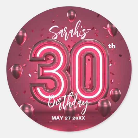 Stijlvolle Glam Neon Fuchsia Roze 30e verjaardag Ronde Sticker (Voorkant)