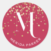 Stijlvolle Glam Red Gold Glitter Initiaal Monogram Ronde Sticker (Voorkant)