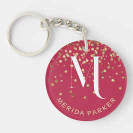 Stijlvolle Glam Red Gold Glitter Initiaal Monogram Sleutelhanger