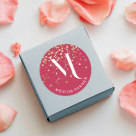 Stijlvolle Glam Rode Gouden Glitters Initiaal Mono Ronde Sticker
