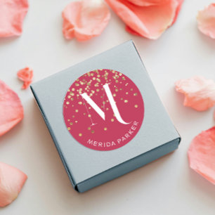 Stijlvolle Glam Rode Gouden Glitters Initiaal Mono Ronde Sticker