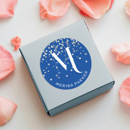 Stijlvolle Glam Zilver Glitter Blauwe Naam Initiaa Ronde Sticker