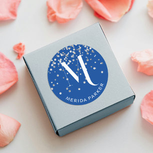 Stijlvolle Glam Zilver Glitter Blauwe Naam Initiaa Ronde Sticker