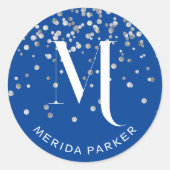 Stijlvolle Glam Zilveren Glitter Blauwe Naam Monog Ronde Sticker (Voorkant)