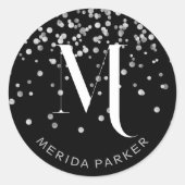 Stijlvolle Glam Zilveren Glitter Naam Zwart Monogr Ronde Sticker (Voorkant)