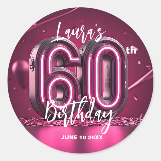 Stijlvolle glamour felroze neon gloed 60e verjaard ronde sticker (Voorkant)