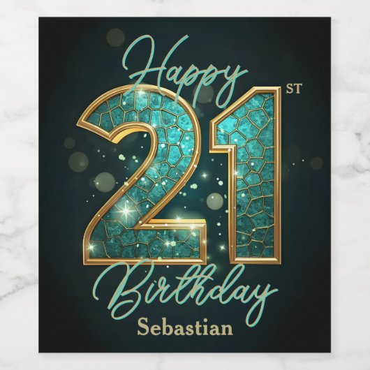 Stijlvolle glinsterende Blauwgroen en gouden 21e v Wijn Etiket (Enkel label)