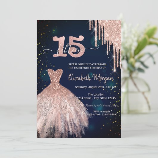 Stijlvolle Glitter Drips Jurk Navy Blue 15th Kaart (Staand voorkant)