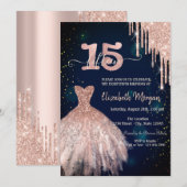 Stijlvolle Glitter Drips Jurk Navy Blue 15th Kaart (Voorkant / Achterkant)