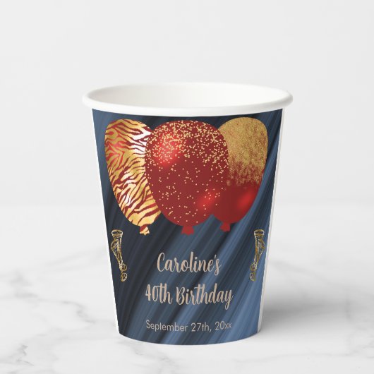 Stijlvolle Glitter & Gouden Rode Ballonnen 40e Ver Papieren Bekers (Achterkant)