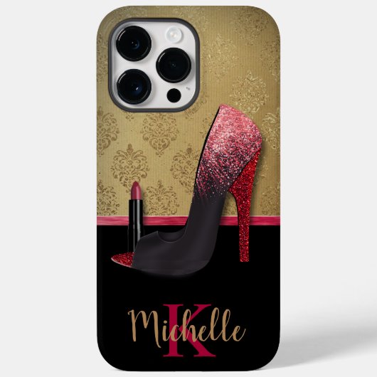 Stijlvolle Glitter Hiel, Lipstick & Monogram Case-Mate iPhone Case (Achterkant)