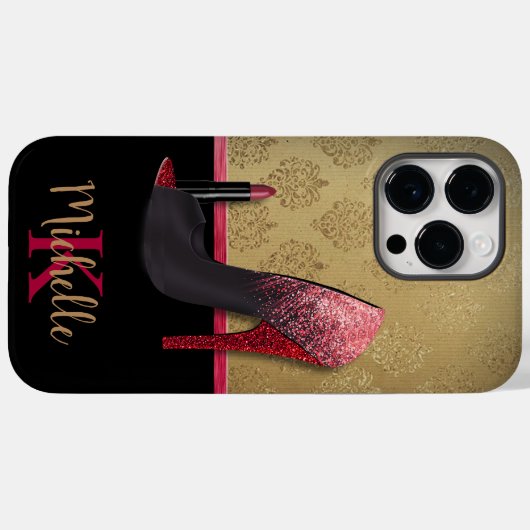 Stijlvolle Glitter Hiel, Lipstick & Monogram Case-Mate iPhone Case (Achterkant (horizontaal))