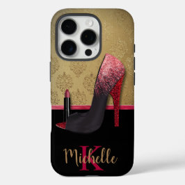 Stijlvolle Glitter Hiel, Lipstick & Monogram iPhone 16 Pro Hoesje