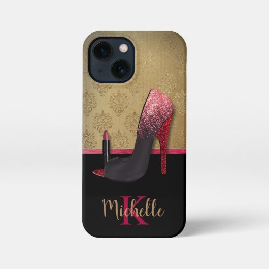 Stijlvolle Glitter Hiel, Lipstick & Monogram iPhone Hoesje (Achterkant)