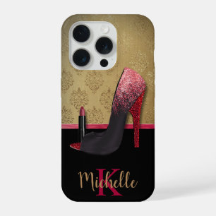 Stijlvolle Glitter Hiel, Lipstick & Monogram iPhone 15 Pro Case