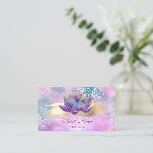 Stijlvolle Glitter Lotus Brush Stroke Holographic Visitekaartje (Staand voorkant)