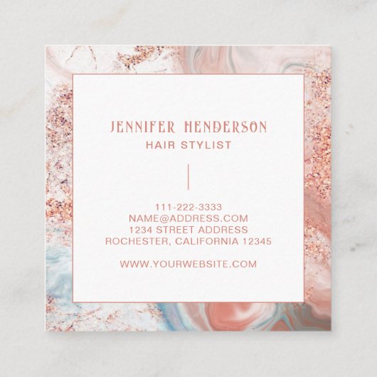 Stijlvolle Glitter Marmer Roze Rose Goud Haar Styl Vierkante Visitekaartje (Achterkant)