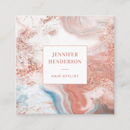 Stijlvolle Glitter Marmer Roze Rose Goud Haar Styl Vierkante Visitekaartje (Voorkant)
