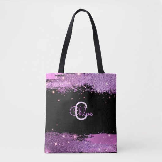 Stijlvolle Glittery Magenta en zwarte naam en mono Tote Bag (Voorkant)