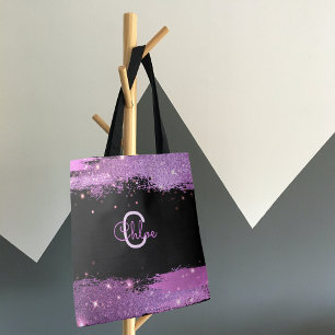 Stijlvolle Glittery Magenta en zwarte naam en mono Tote Bag