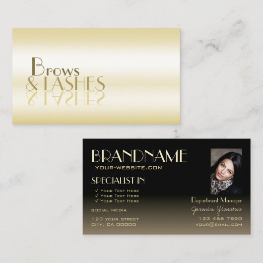 Stijlvolle Gold Black Chic Mirror letters met foto Visitekaartje (Voorkant / Achterkant)