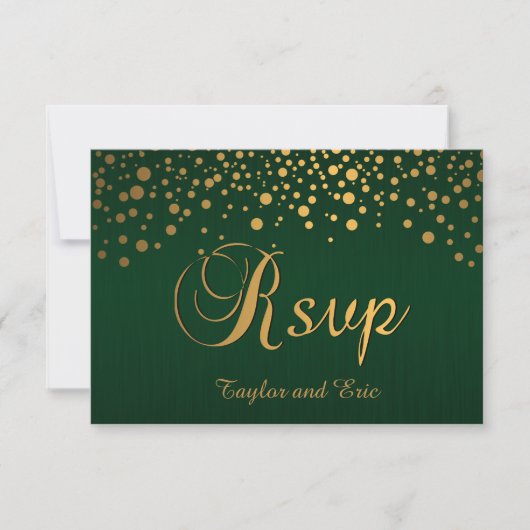 Stijlvolle Gold Confetti Stippen | Donkergroen RSVP Kaartje (Voorkant)