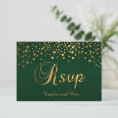 Stijlvolle Gold Confetti Stippen | Donkergroen RSVP Kaartje (Staand voorkant)