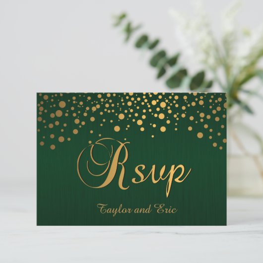 Stijlvolle Gold Confetti Stippen | Donkergroen RSVP Kaartje (Staand voorkant)