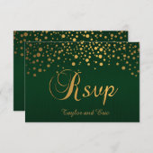 Stijlvolle Gold Confetti Stippen | Donkergroen RSVP Kaartje (Voorkant / Achterkant)