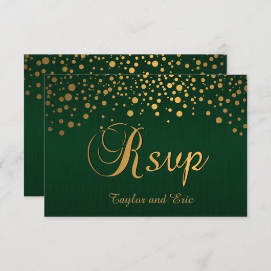 Stijlvolle Gold Confetti Stippen | Donkergroen RSVP Kaartje (Voorkant / Achterkant)