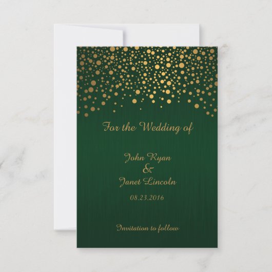 Stijlvolle Gold Confetti Stippen | Donkergroen Save The Date (Voorkant)