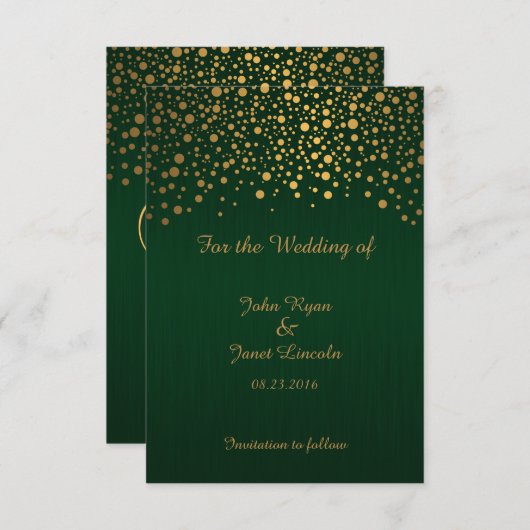 Stijlvolle Gold Confetti Stippen | Donkergroen Save The Date (Voorkant / Achterkant)