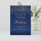 Stijlvolle Gold Confetti Stippen | Navy Blue Satin Save The Date (Staand voorkant)